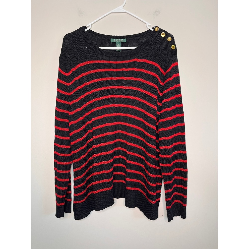 Lauren Ralph Lauren Black Red Stripes Nautical Old Money Cable Knit Sweater 3X